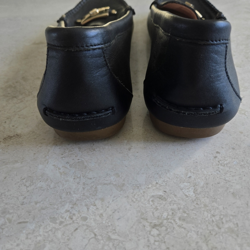 Kate Spade Black Leather Loafers with Gold-Tone Logo Accent - Picture 3 of 6